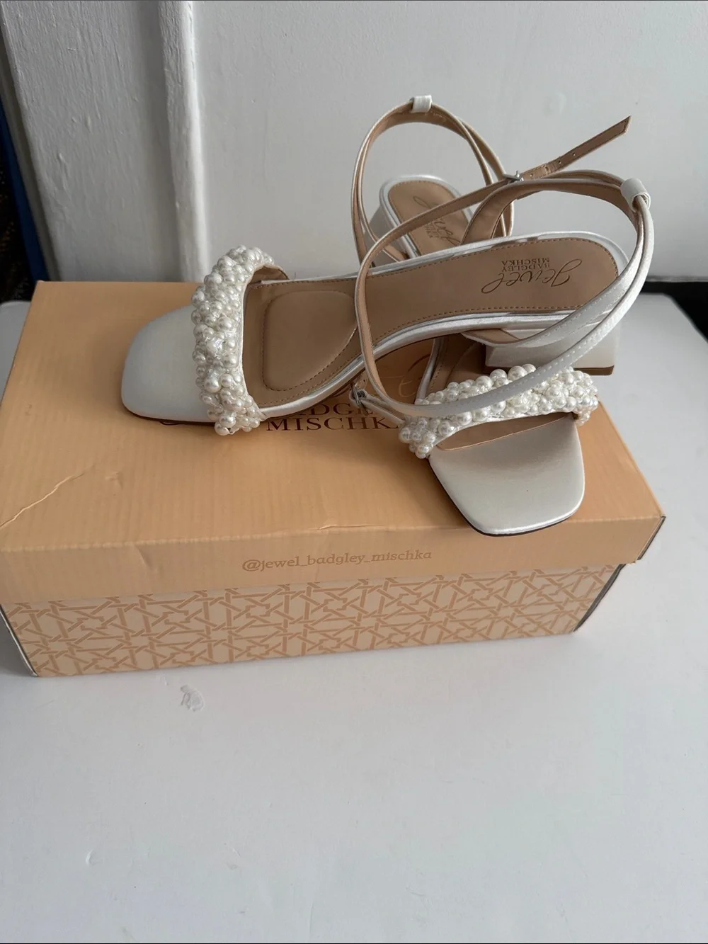 Jewel Badgley Mischka White Pearl Ankle-Strap Sandal
